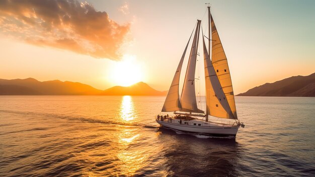 Iate navegando no mar com vista para o pôr do sol