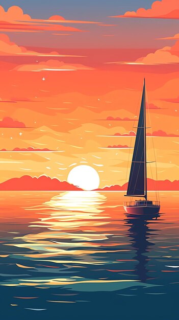 Iate no mar ao pôr do sol Ilustração digital em estilo retrô