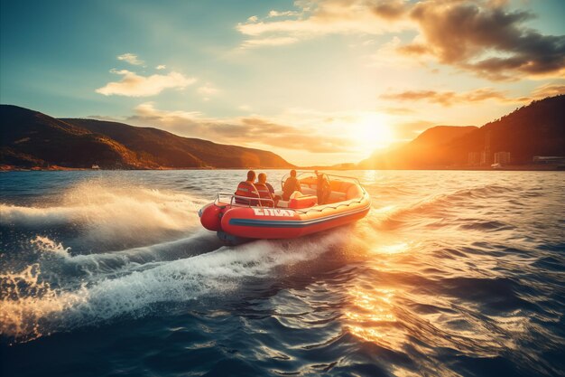 Iates de luxo diversão Amigos desfrutando de viagem de vela ao pôr-do-sol e férias no mar