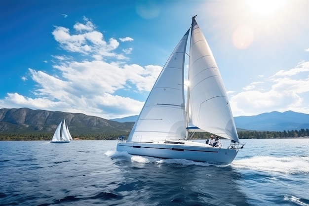 Iates de luxo no mar Vela Regata Esporte de vela nas ondas do oceano Velocidade e liberdade no mar Ilustração de IA generativa