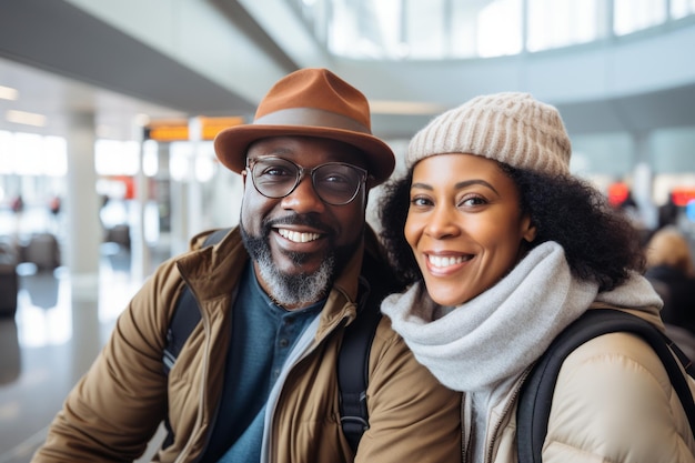 Íbamos de viaje una feliz pareja afroamericana sonriendo en la terminal del aeropuerto un anciano africano