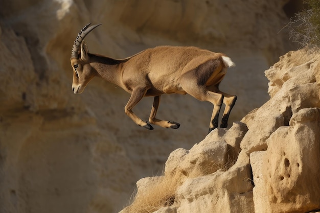 Ibex saltando desde un acantilado con un ruido sordo en el suelo debajo