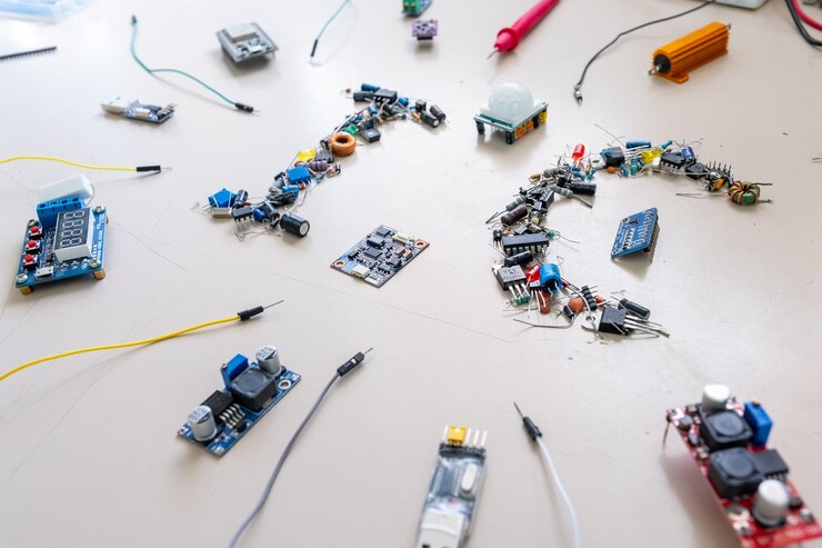 Foto ic palabra formada por piezas electrónicas