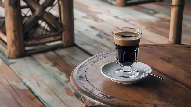 Foto ice black coffee in tall glass on wooden table background thai vintage style drink shallow focus