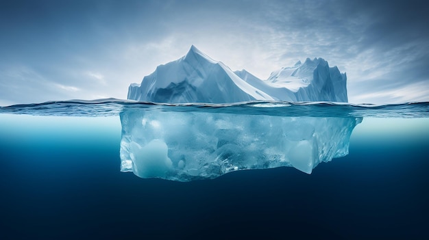 Iceberg en agua azul clara y peligro oculto