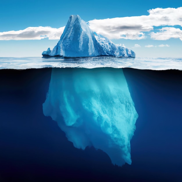 Iceberg en agua fría del océano visto tanto desde el agua como sobre la superficie generativa ai