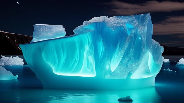 Un iceberg azul con una luz azul que está iluminada.