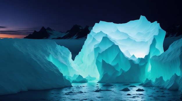 Un iceberg azul con una luz azul que se ilumina por la noche.