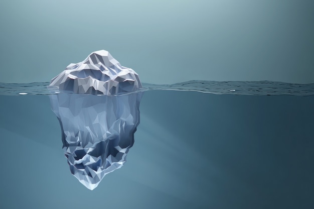 Iceberg de baja poli flotando en el agua enorme parte oculta ilustración d render