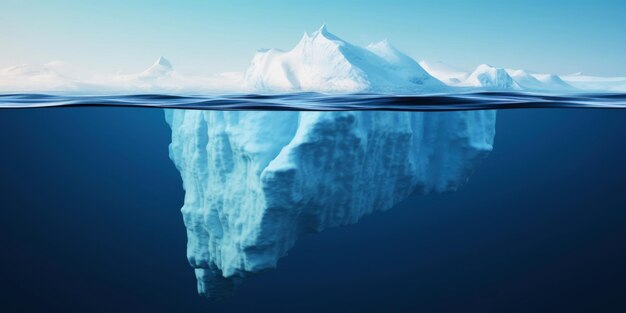 Iceberg blanco flotando en el mar azul claro debajo y por encima del agua vista Calentamiento global IA generativa