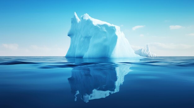 Iceberg blanco flotando en el mar azul claro debajo y por encima del agua vista Calentamiento global IA generativa