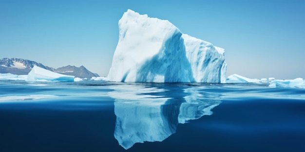 Iceberg branco flutuando em água azul clara mar abaixo e acima da água Aquecimento global IA geradora