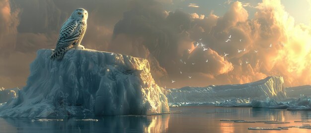 Iceberg con búhos de nieve anidando en la parte superior