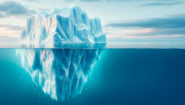 Un iceberg por encima y por debajo del agua con un mar tranquilo y un cielo al atardecer que representa el concepto de peligros ocultos IA generativa