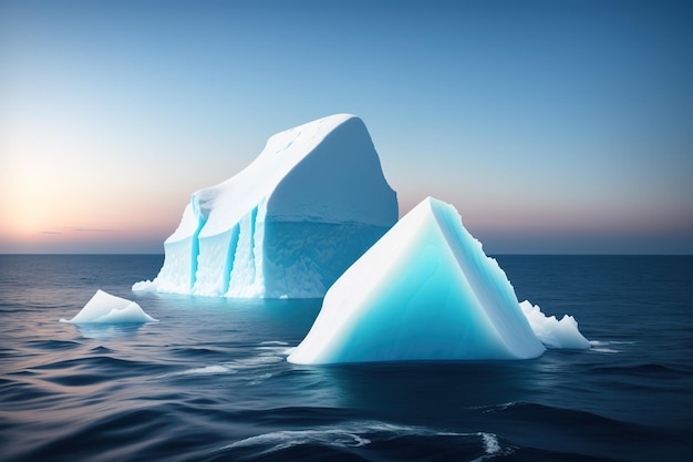 Un iceberg flotando en el océano con la puesta de sol detrás de él.