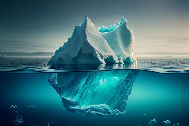 Iceberg flotando en la vista del mar por encima y por debajo del agua Ai generativo