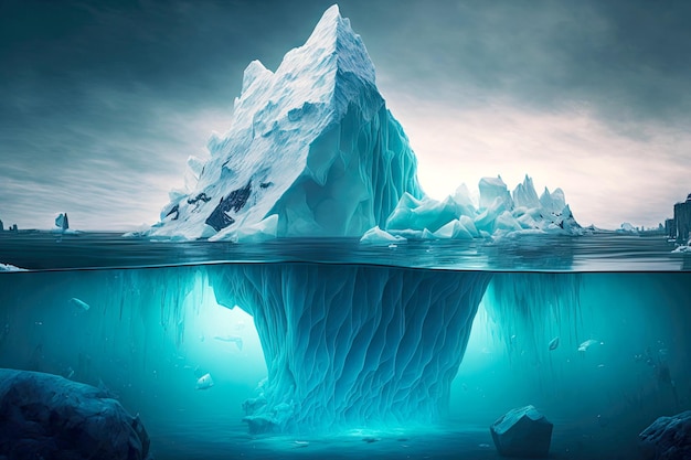 Iceberg flotante a la deriva gigante conectado a tierra en el mar con fondo rocoso