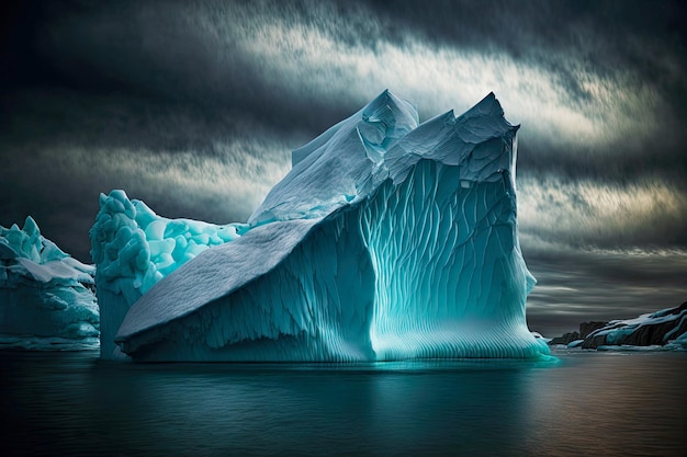 Iceberg flotante salpicado de surcos contra el cielo tormentoso