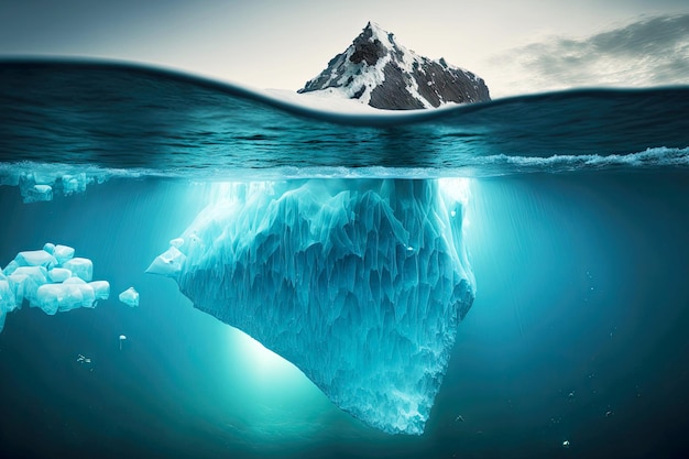 Iceberg flutuante indo fundo sob a água com pedaço de rocha sobre o mar