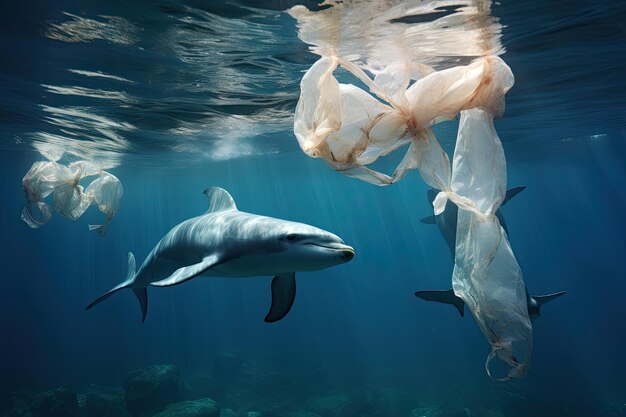Un iceberg formado por bolsas de plástico flotando en el océano junto a delfines es una representación de t