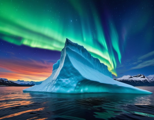 El iceberg en Groenlandia con la aurora en el cielo nocturno