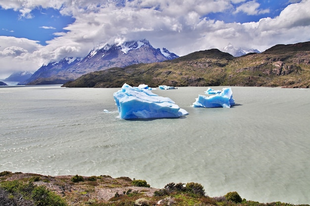 Foto iceberg en lago grey en el parque nacional torres del paine, patagonia, chile