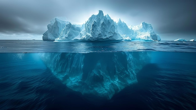 Un iceberg masivo a la deriva en el paisaje nuboso del océano