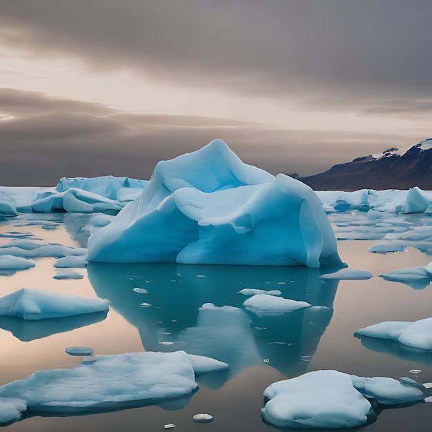 un iceberg con una montaña al fondo y una montaña en el fondo