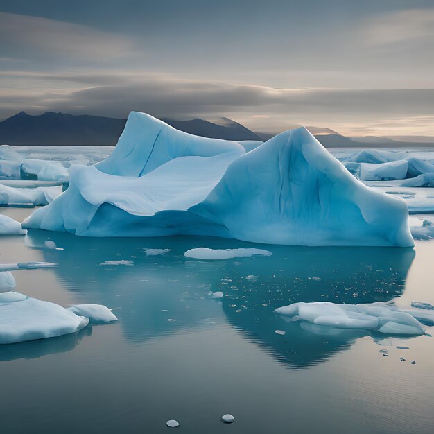 un iceberg con una montaña al fondo y una montaña en el fondo