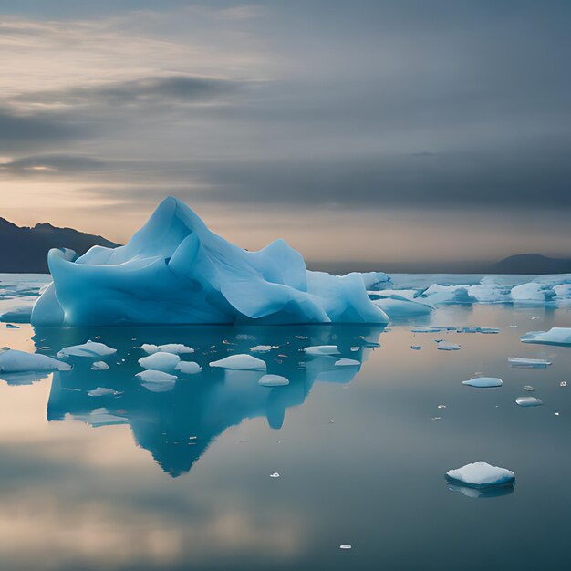 un iceberg con una montaña al fondo y una montaña en el fondo