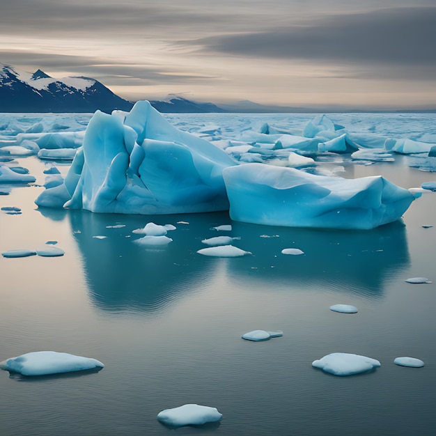 un iceberg con una montaña en el fondo y los icebergs en el agua