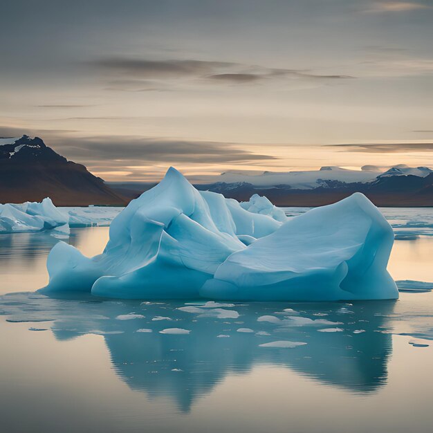 un iceberg con una montaña en el fondo y un lago en el fondo