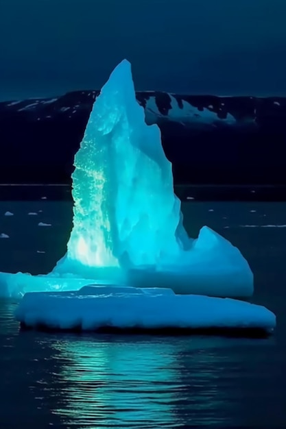 Iceberg na água com a luz azul nele.