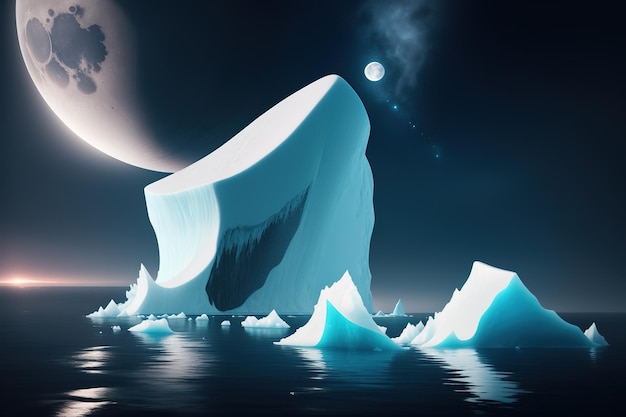 Un iceberg en el océano con la luna y la luna al fondo.