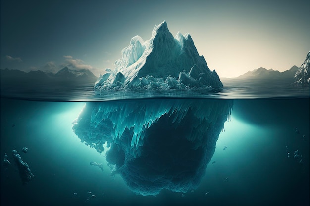 Foto iceberg en el océano con vista bajo el agua gran iceberg blanco bajo el agua