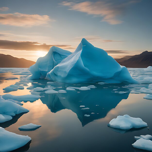 un iceberg con una puesta de sol en el fondo