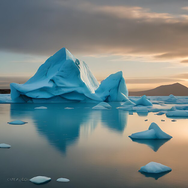 un iceberg con una puesta de sol en el fondo