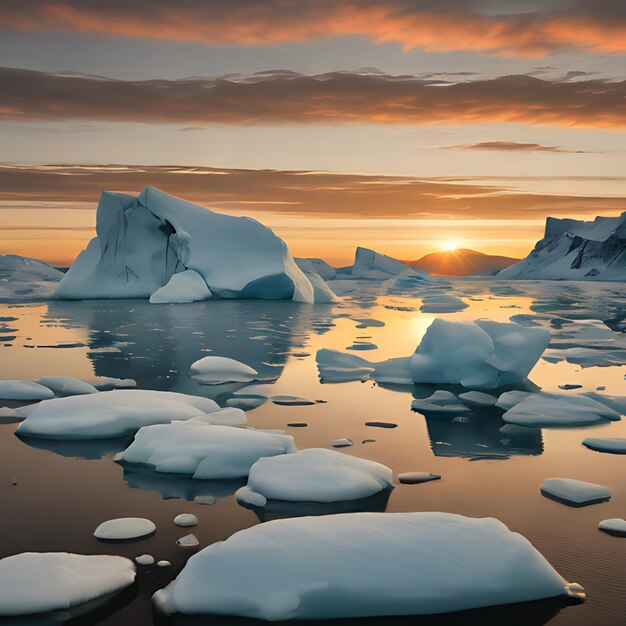 un iceberg con una puesta de sol naranja en el fondo