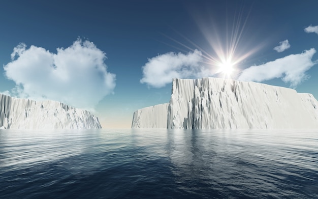 Foto icebergs 3d contra o céu azul com nuvens brancas macias