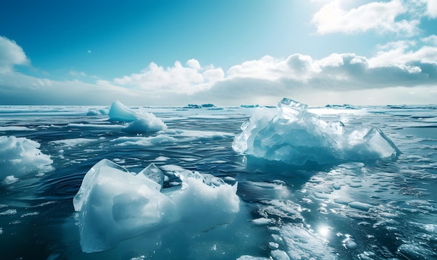 icebergs en el agua con iceberges en el fondo