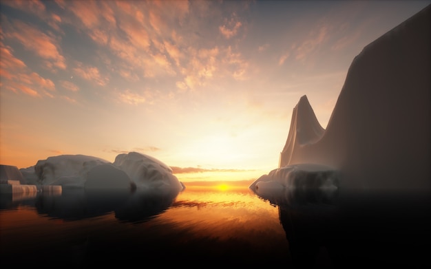 Icebergs al atardecer. Representación 3D.