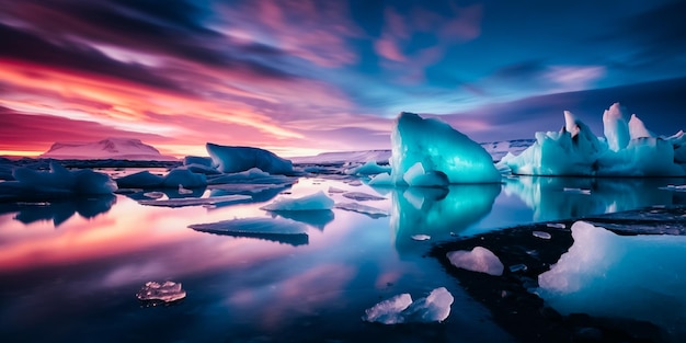 Icebergs con aurora boreal y reflejos.