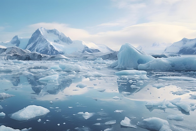 Icebergs flotando en el agua con majestuosas montañas al fondo