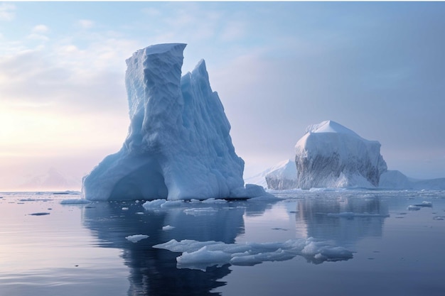 Icebergs flotando en el océano al atardecer renderizado 3d