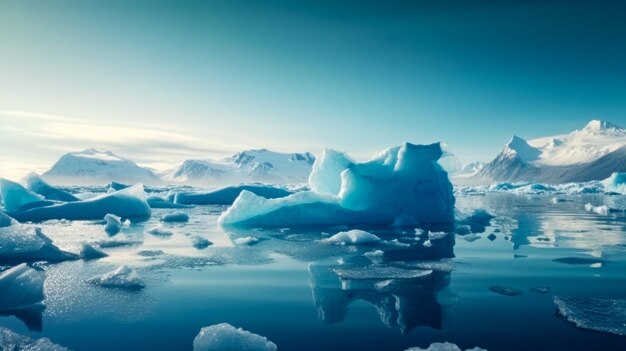 Icebergs flutuando no oceano com um céu azul ao fundo.