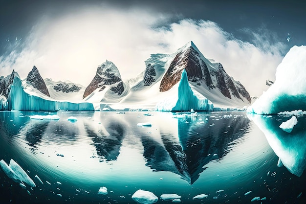 Icebergs flutuantes ao largo da costa com picos de montanhas cobertas de neve