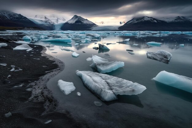 Foto icebergs en un lago con montañas al fondo