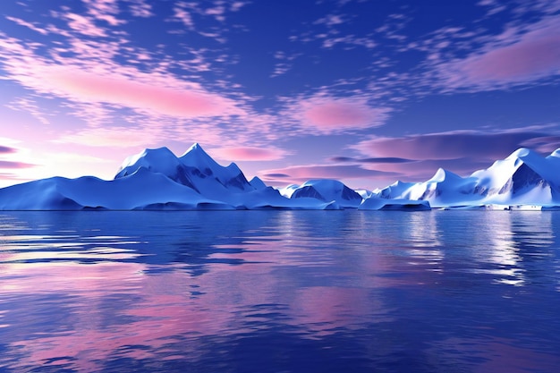 Icebergs no oceano em um fundo por do sol