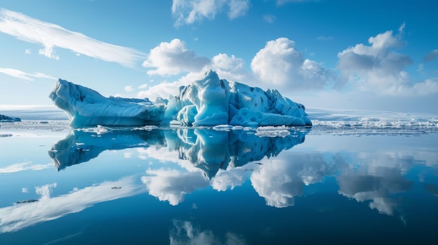 Icebergs spiegeln sich im ruhigen Meerwasser unter blauem Himmel am Tageslicht.