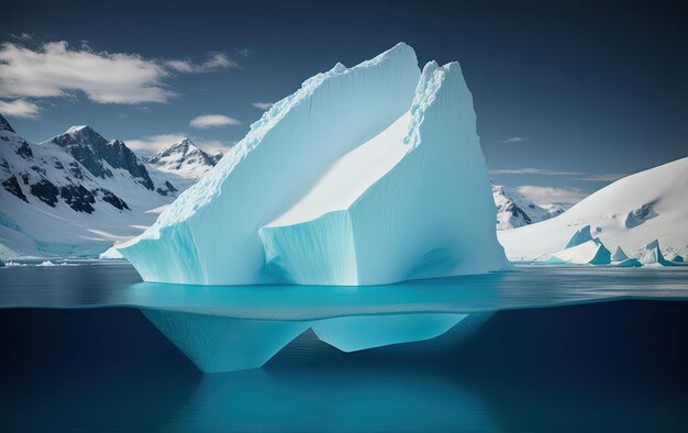 Icebreg flotando contra las montañas del cielo y otros hielos